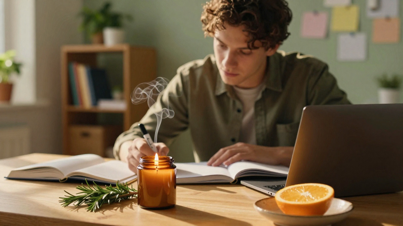 Jovem a estudar numa mesa com caderno aberto, computador, vela apagada e meia laranja num prato.