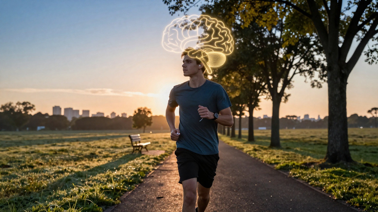Homem a correr num parque ao pôr do sol com uma ilustração luminosa de cérebro sobre a cabeça.