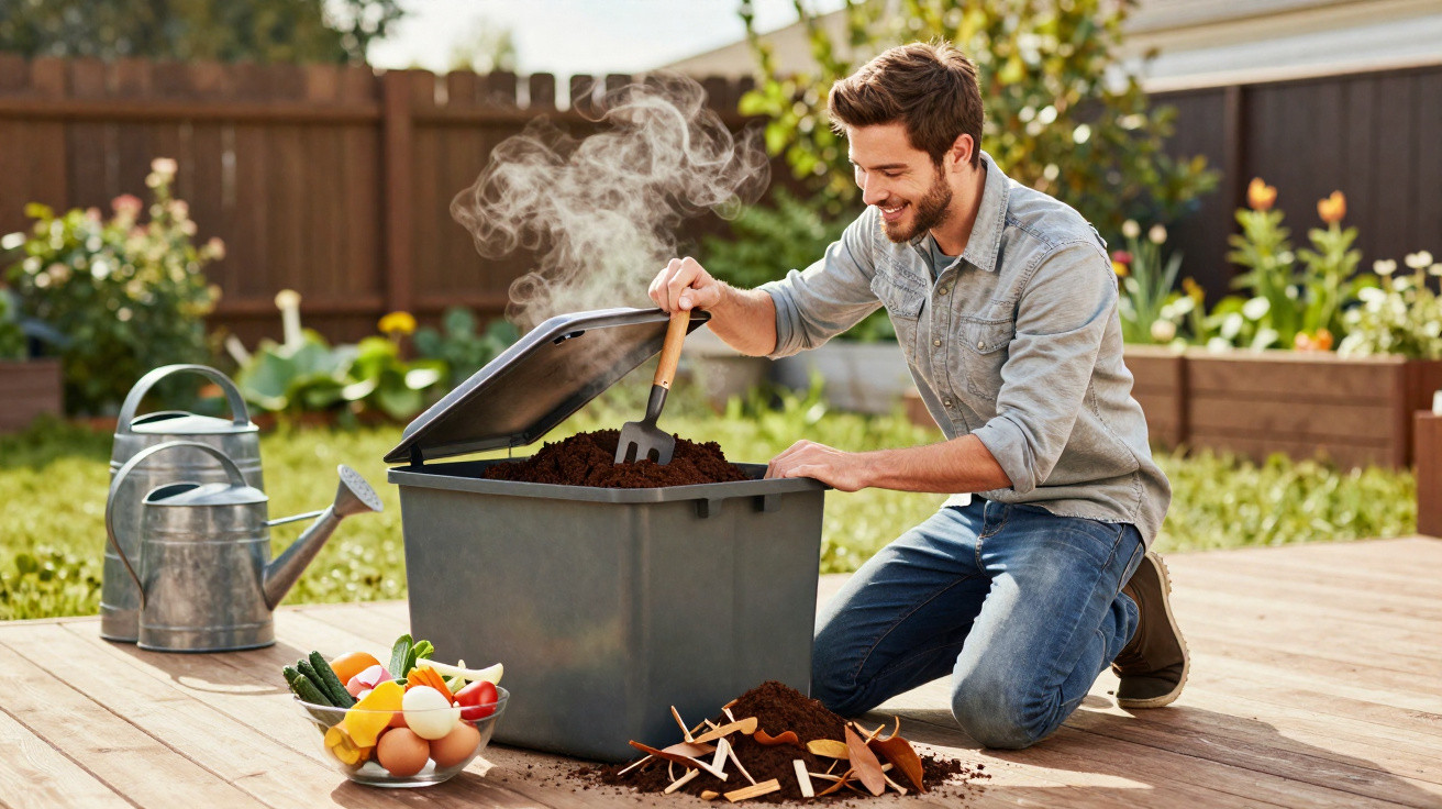 Homem a mexer composto orgânico fumegante num contentor no jardim, com legumes e regadores ao lado.