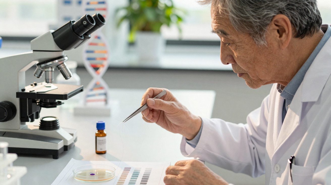 Cientista com bata branca a usar pinça para analisar amostra numa placa petri num laboratório.