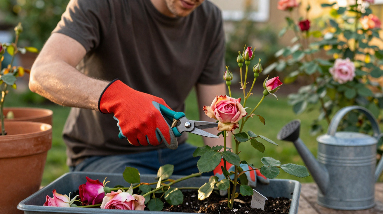 Pessoa com luvas de jardinagem a podar rosa cor-de-rosa num vaso com regador ao lado.