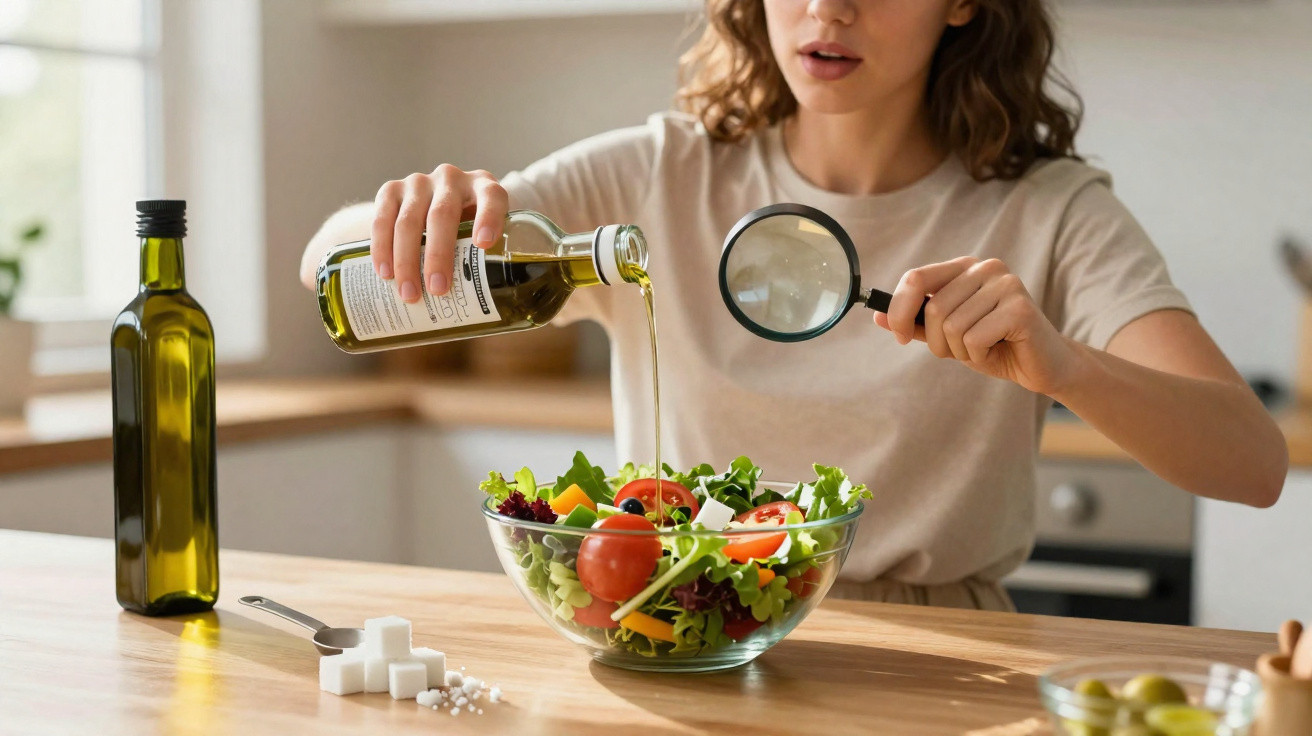 Mulher analisa com lupa enquanto verte azeite numa salada fresca numa cozinha iluminada.