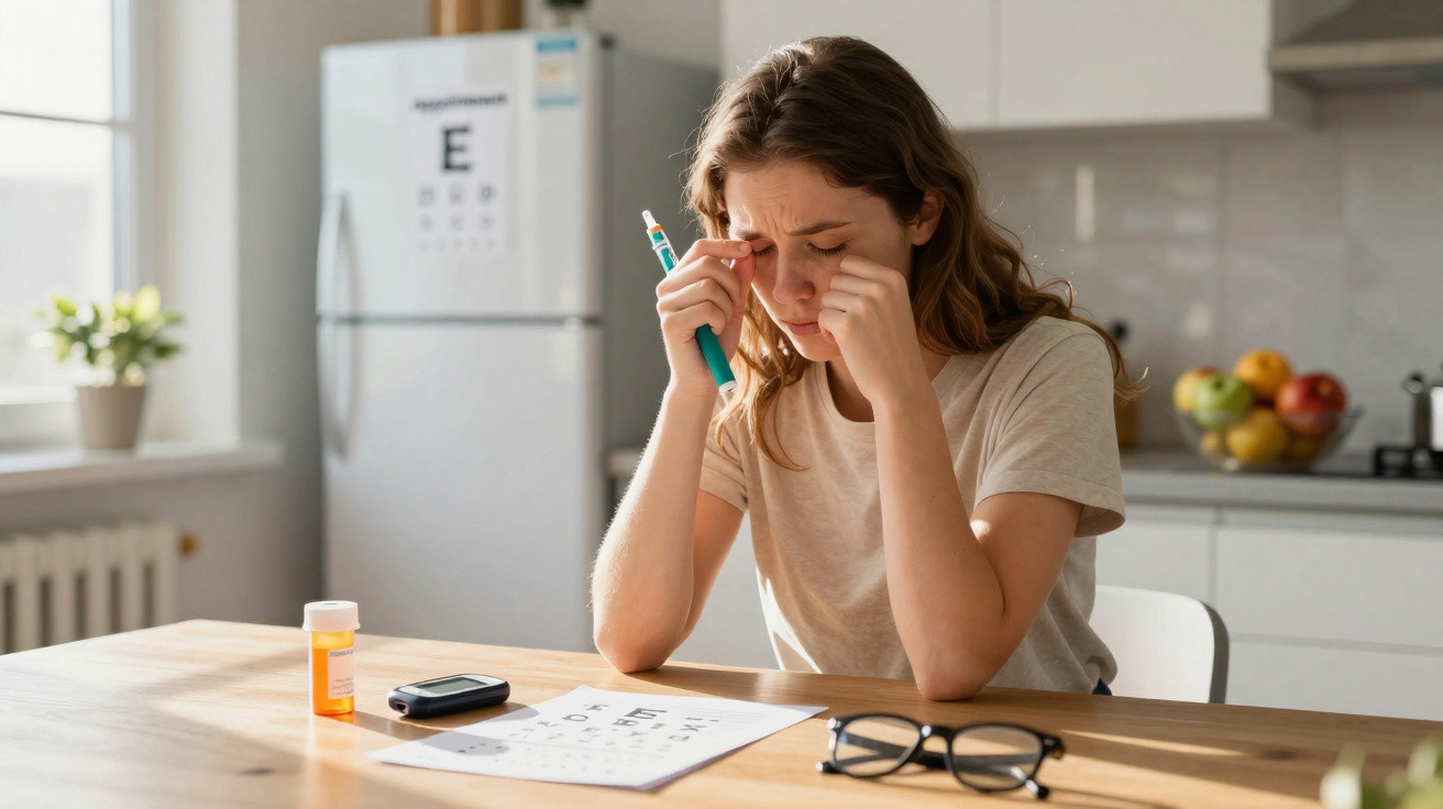 Mulher com aspeto cansado esfrega os olhos sentada à mesa com medidor de glicemia, medicamentos e carta de testes visuais.