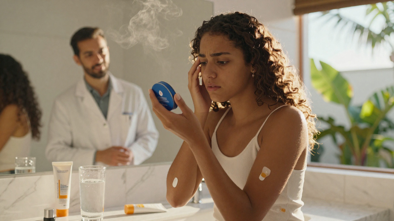 Mulher preocupada examina manchas na pele com espelho, médico observa ao fundo numa casa de banho iluminada.