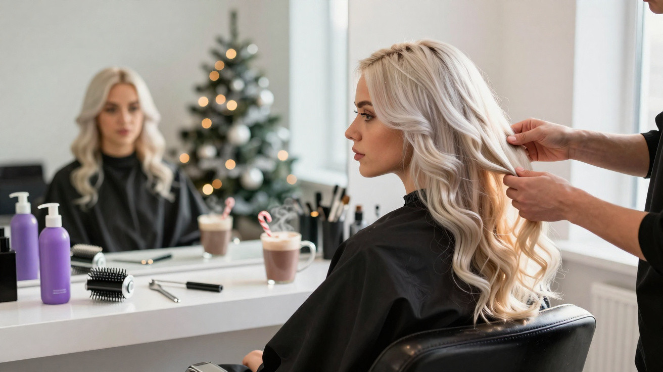 Mulher loira com cabelo ondulado a ser penteada num salão de beleza com árvore de Natal ao fundo.