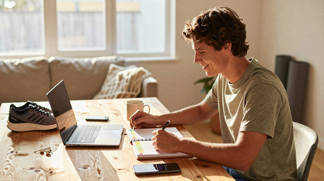 Jovem sentado a estudar com caderno e computador numa mesa de madeira numa sala iluminada.