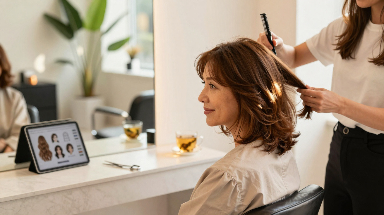 Mulher sentada em cabeleireiro a ser penteada, com tablet exibindo estilos de cabelo e chá na mesa.