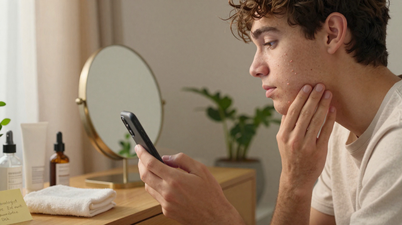 Jovem com acne no rosto olha para o telemóvel, sentado junto a um espelho e produtos de cuidados da pele.