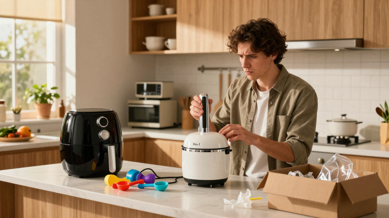 Jovem a montar aparelho de cozinha na cozinha moderna com aparelhos e utensílios na bancada.
