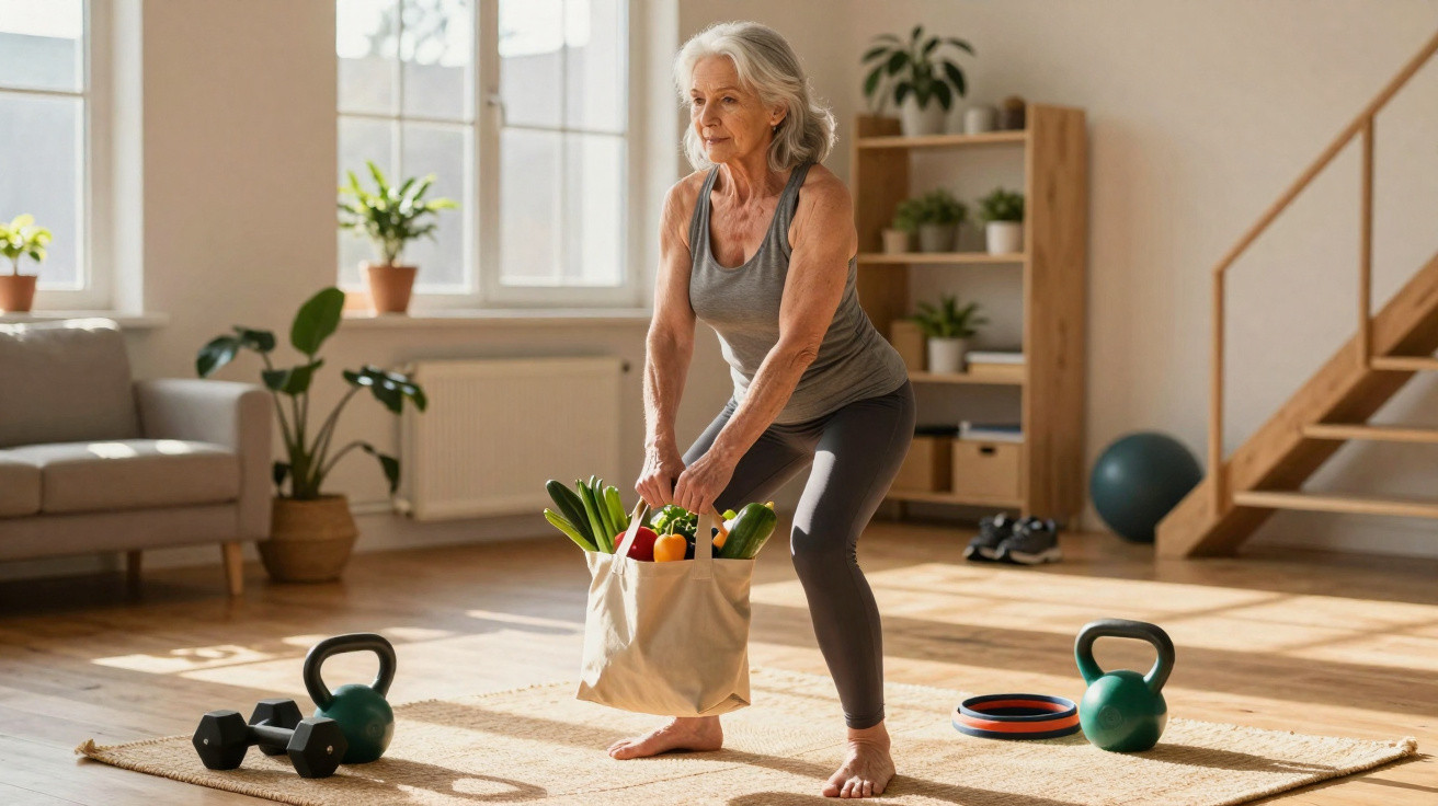 Mulher sénior exercita-se em casa segurando saco de compras com legumes num ambiente luminoso e confortável.