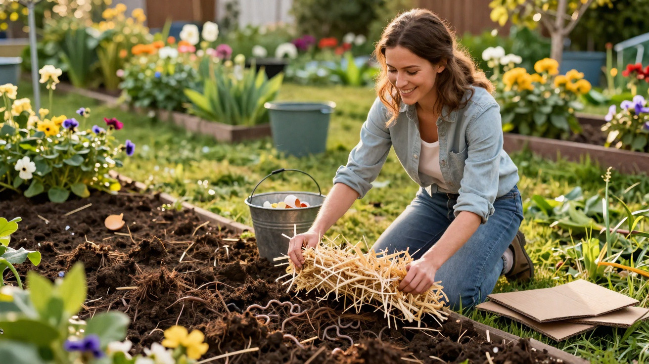 Mulher sorridente a cuidar de canteiro com flores, usando roupa casual num jardim florido.