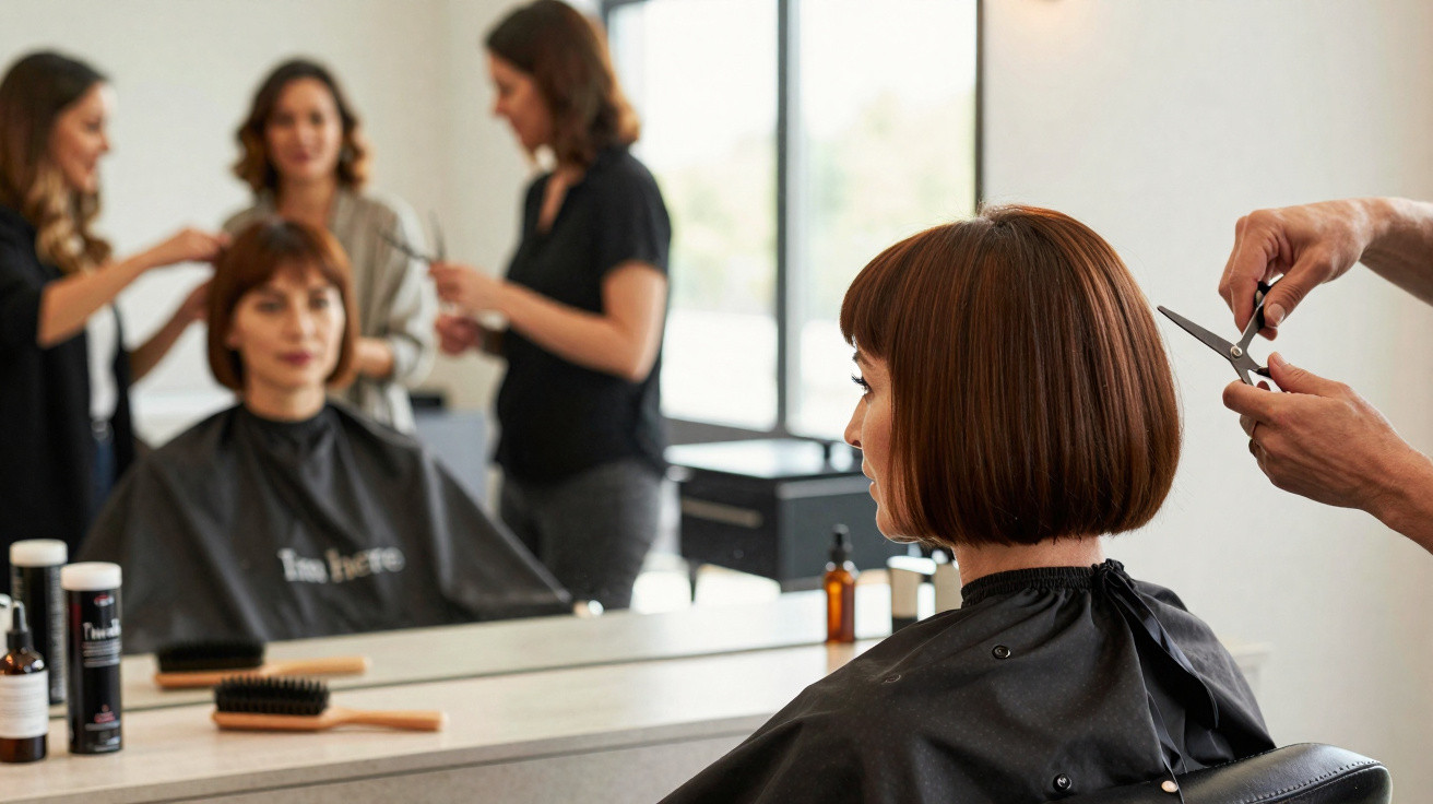 Mulher com corte de cabelo curto num salão, cabeleireiro prepara tesoura para finalizar o penteado.