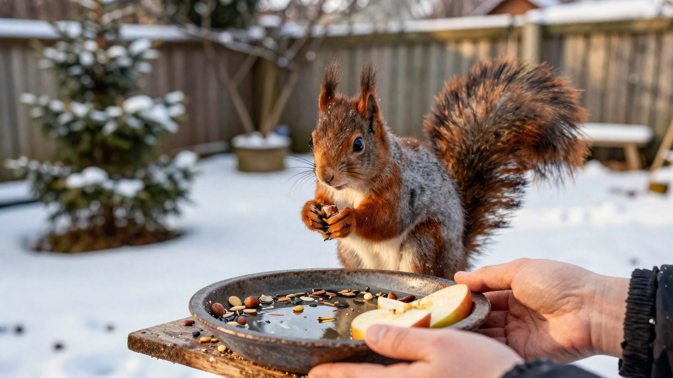 Esquilo castanho a comer sementes numa tigela, em ambiente nevado, com mãos humanas a segurá-la.