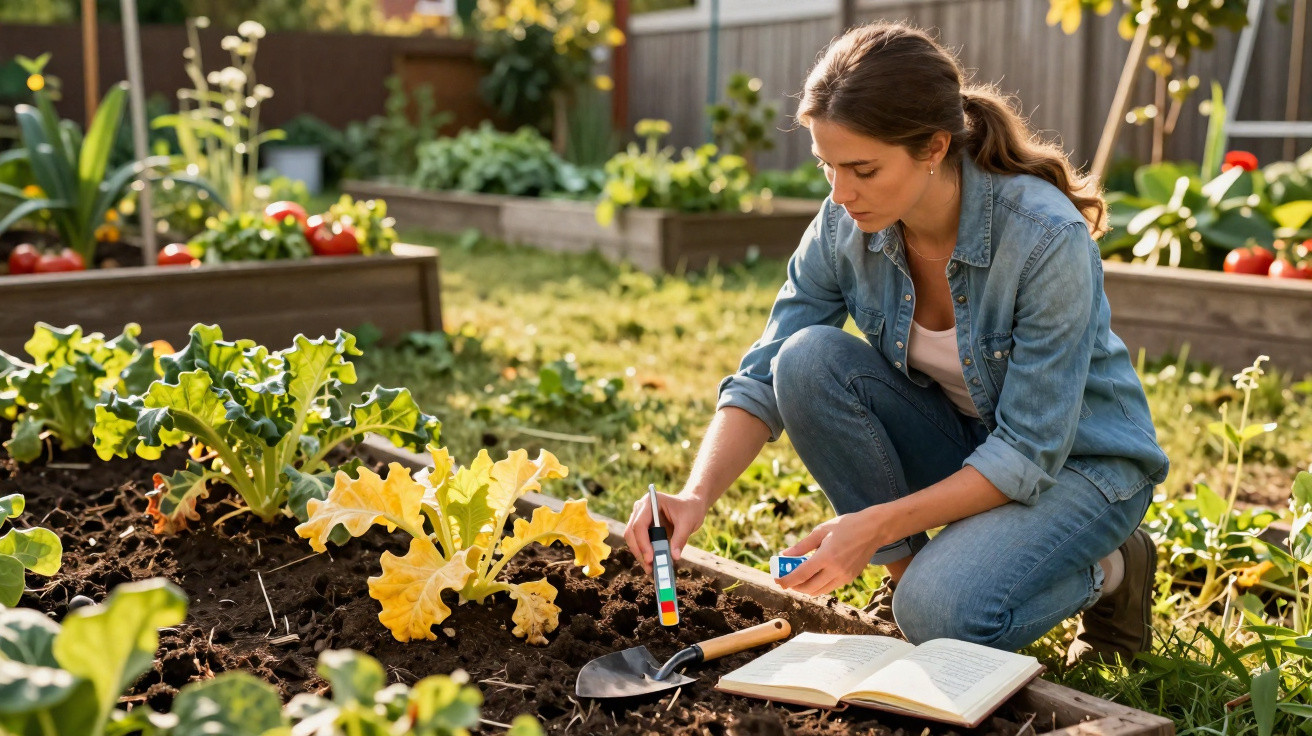 Mulher a medir o pH do solo numa horta urbana com plantas e livro aberto ao lado.