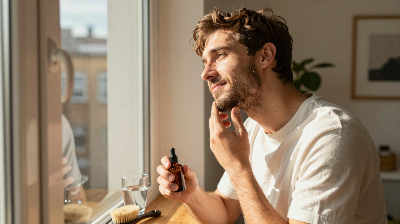 Homem jovem a aplicar óleo facial junto a uma janela, com luz natural e expressão relaxada.