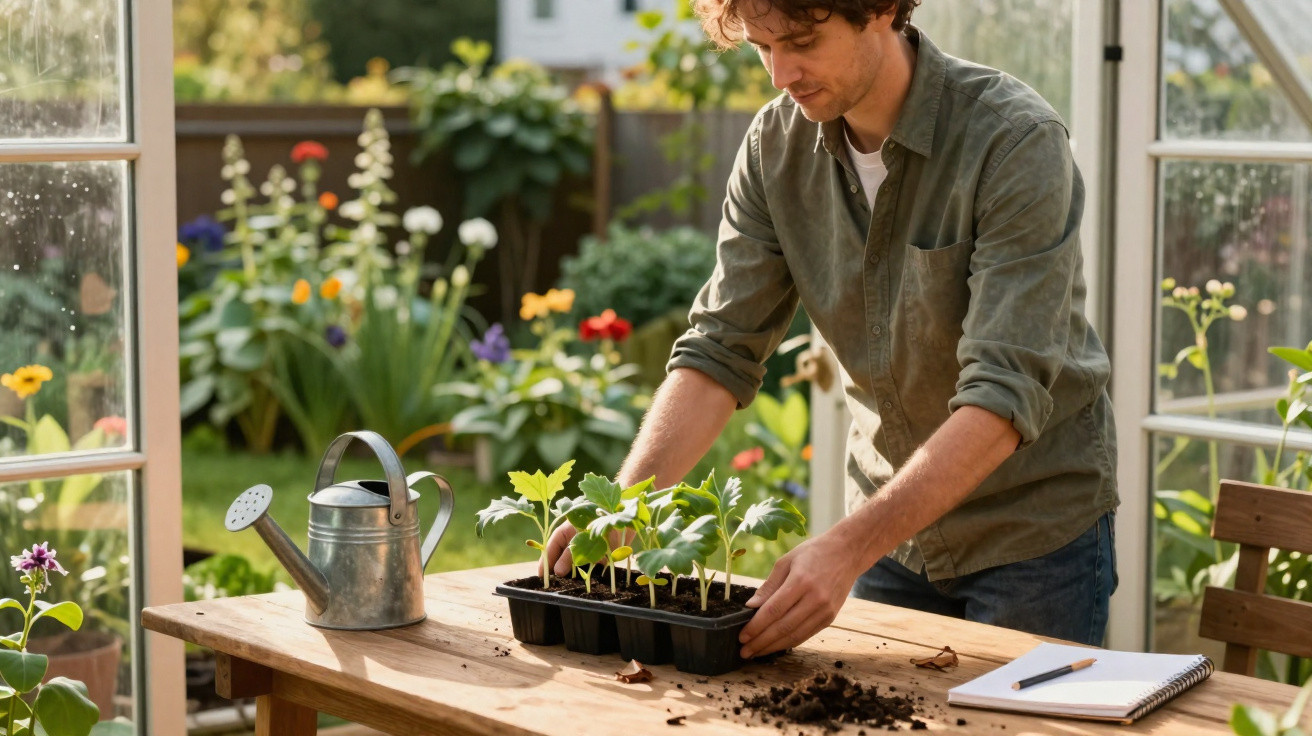 Homem a cuidar de plantas jovens numa mesa de madeira numa estufa iluminada pelo sol.