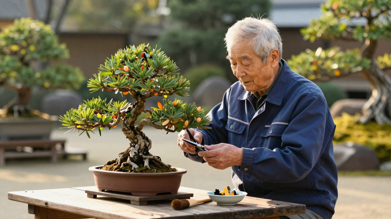 Homem idoso a cuidar e podar um bonsai colocado numa mesa de madeira ao ar livre.