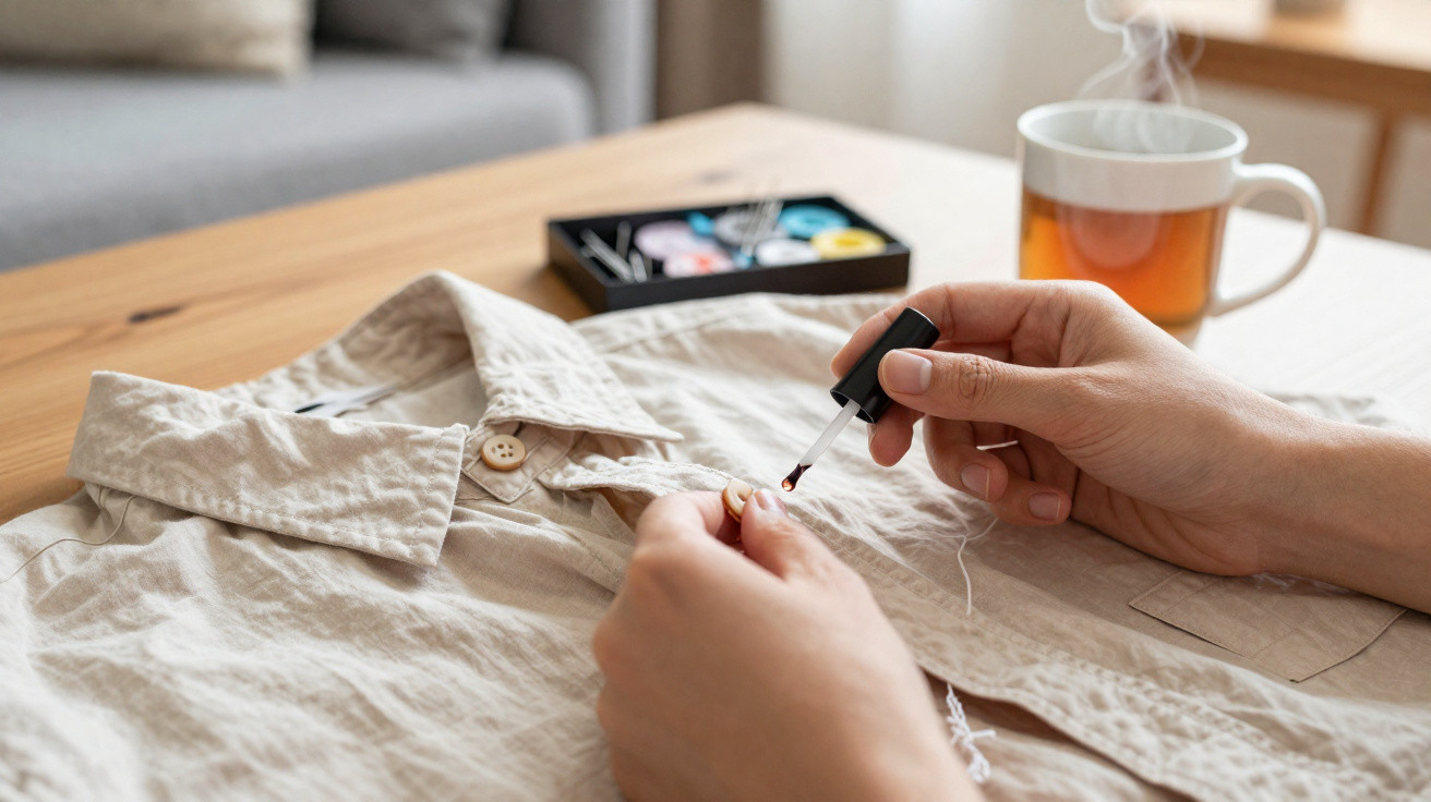 Mãos a coser um botão numa camisa bege sobre uma mesa de madeira, com chá quente ao fundo.