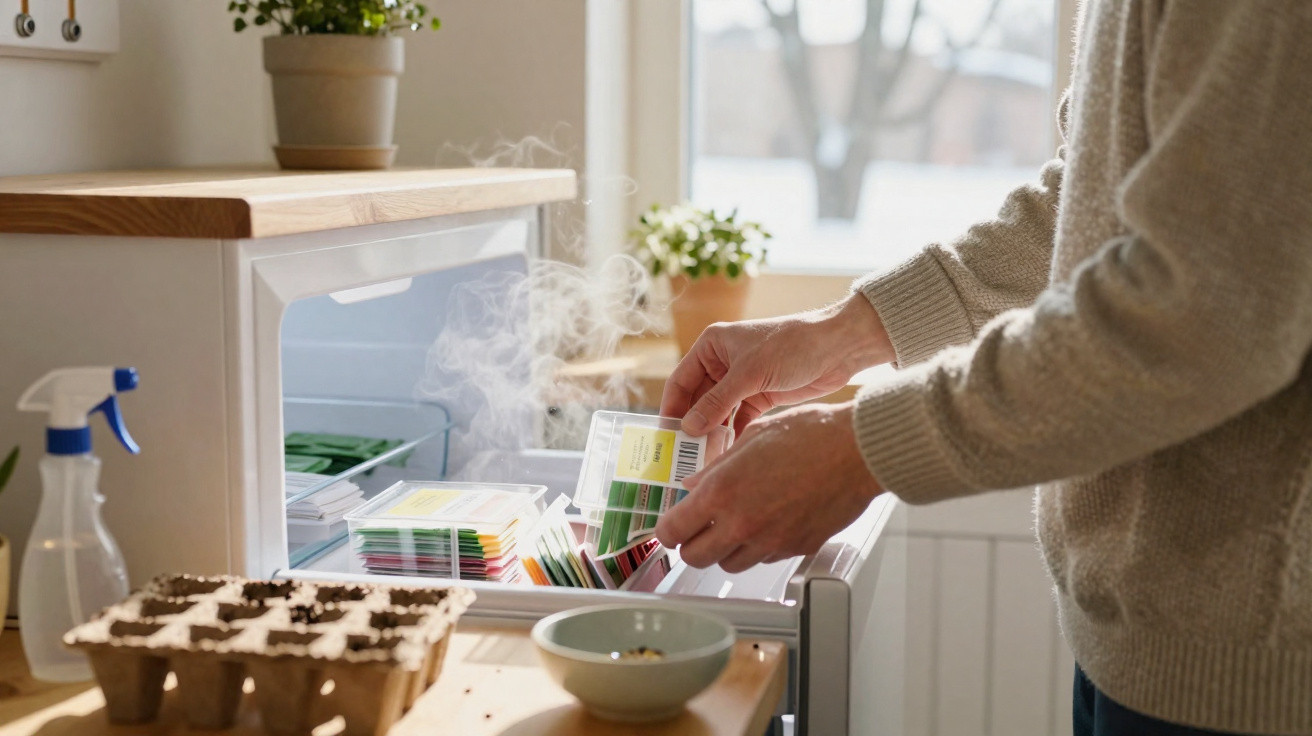 Pessoa a guardar embalagens de sementes num frigorífico doméstico, com vapor a sair do recipiente.