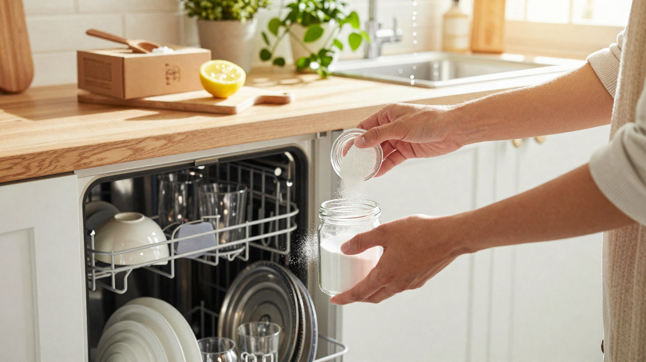 Mãos a despejar detergente em pó num frasco, ao lado de uma máquina de lavar loiça aberta na cozinha.