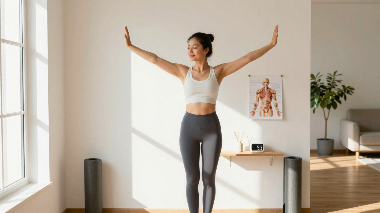 Mulher a praticar exercício de alongamento em casa, com luz natural e decoração minimalista.