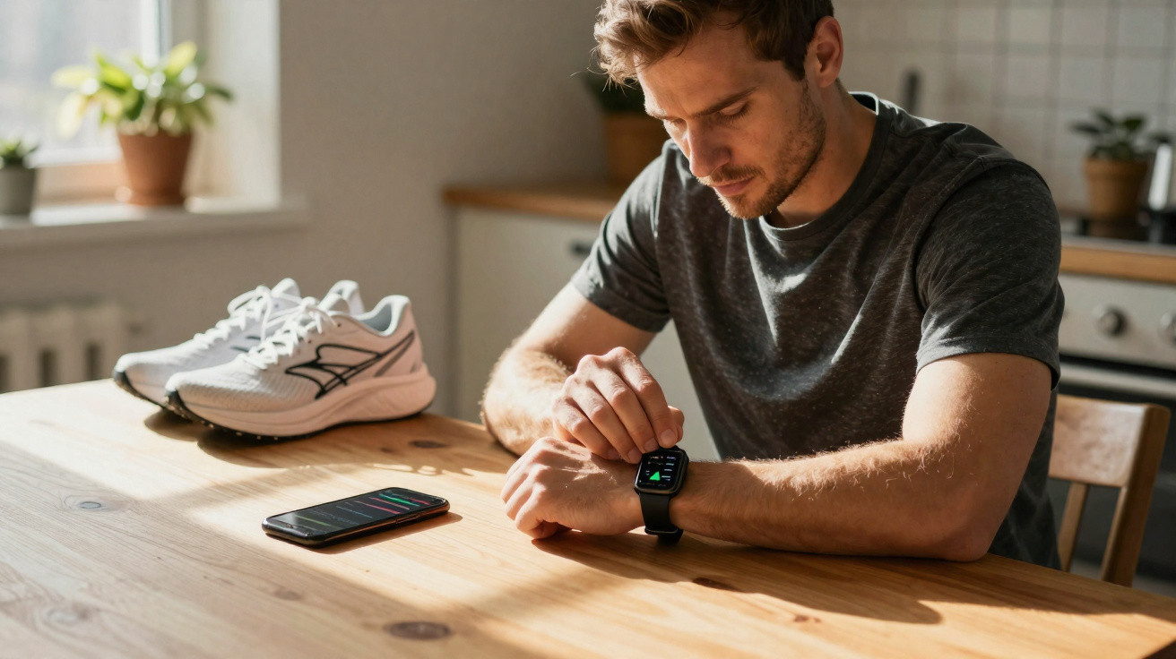 Homem sentado a verificar dados num relógio inteligente numa mesa com telemóvel e ténis desportivos.