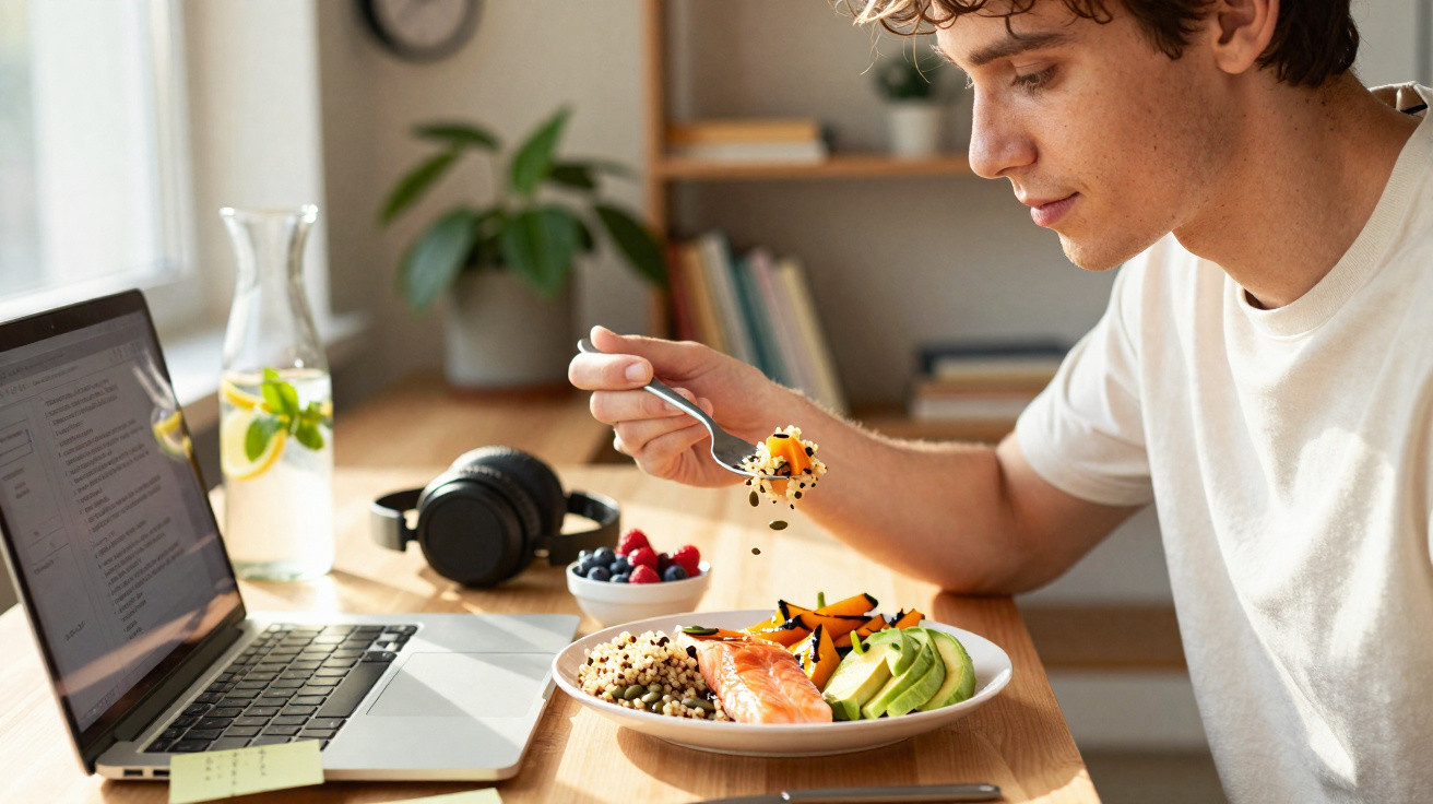 Jovem a almoçar salmão, abacate e quinoa enquanto trabalha num computador portátil.