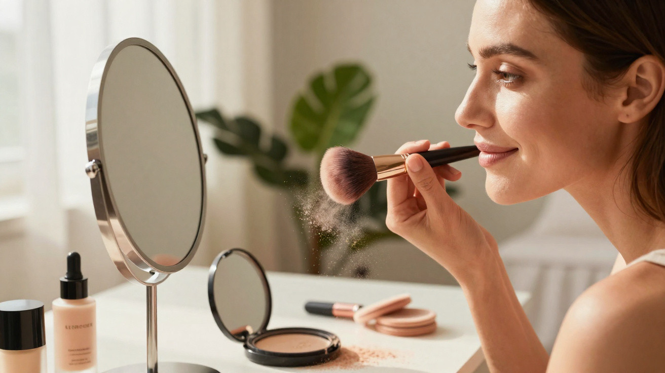 Mulher a aplicar maquilhagem com pincel e espelho numa mesa com produtos de cosmética.