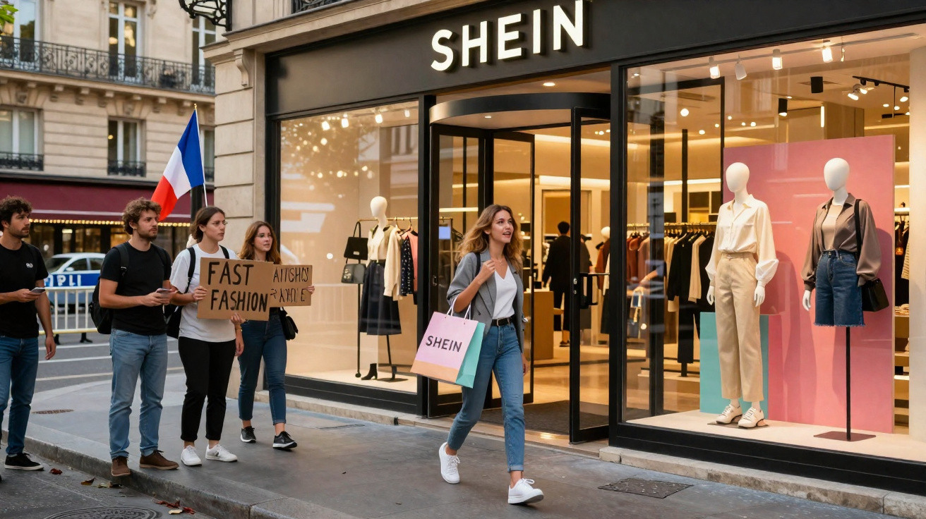 Pessoa com saco da marca SHEIN passa em frente a loja enquanto grupo protesta com cartazes contra fast fashion.