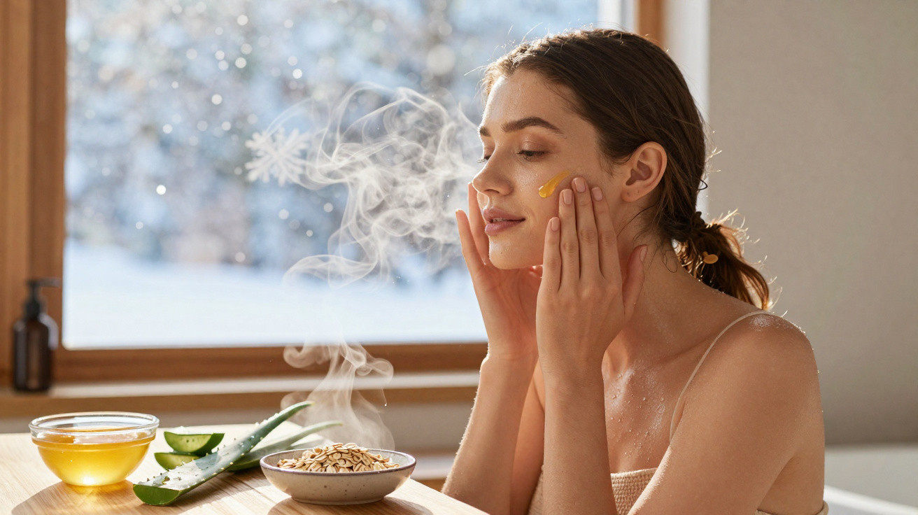 Mulher a aplicar creme no rosto numa sala com luz natural e materiais de cuidados de pele à sua frente.