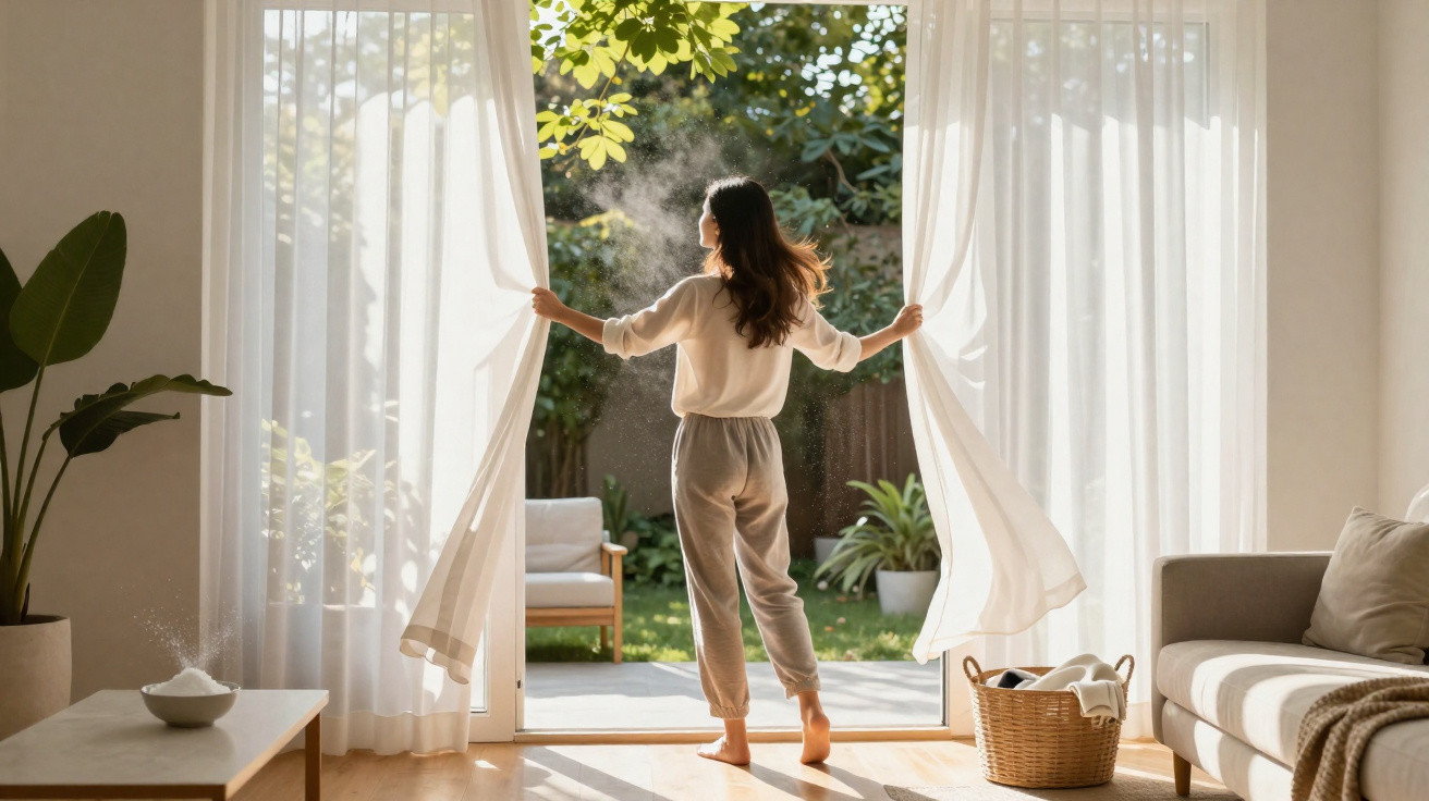 Mulher abre cortinas de sala iluminada, com vista para jardim ao amanhecer.