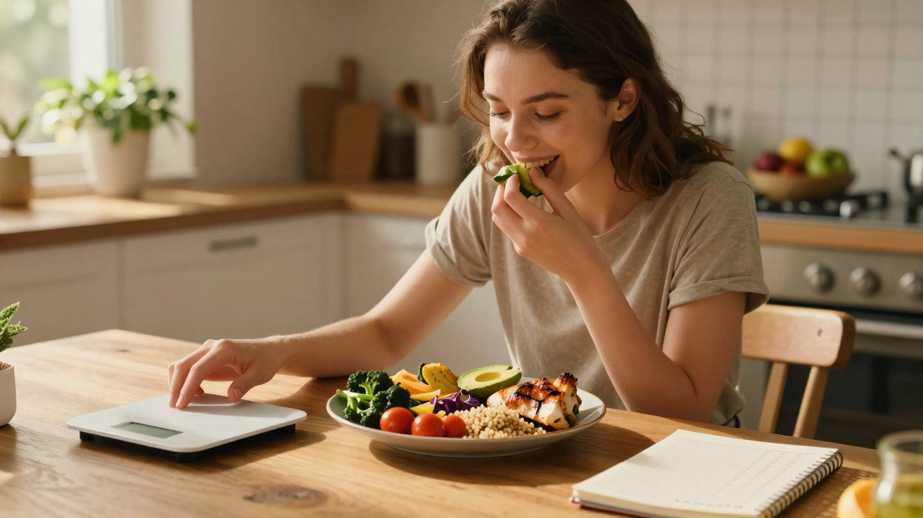 Mulher sentada a comer uma refeição saudável com vegetais e peixe numa cozinha moderna.