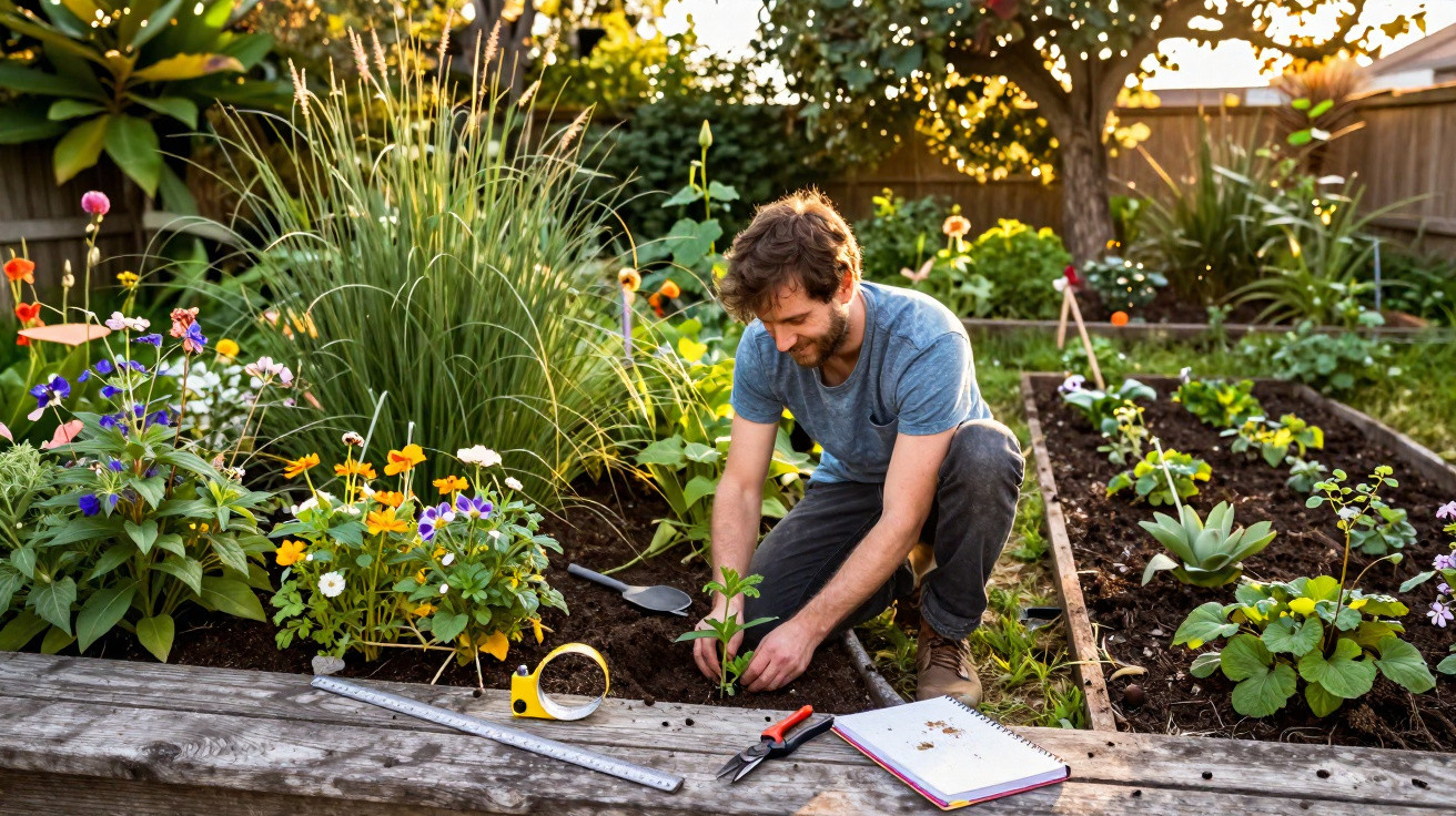 Homem a plantar mudas num jardim com flores e plantas em canteiros ao final da tarde.