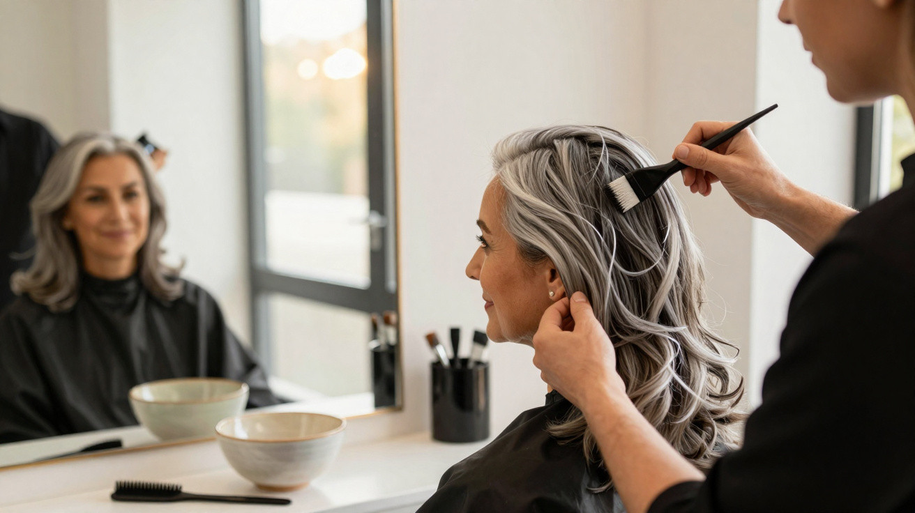Mulher com cabelo grisalho a receber coloração no cabeleireiro, refletida no espelho.