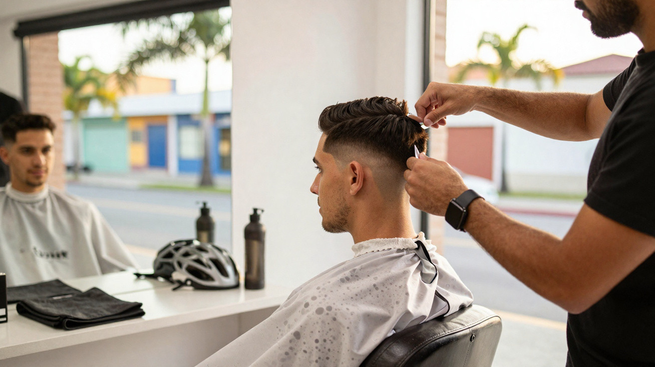 Homem a cortar o cabelo num cabeleireiro com espelho, capacete e garrafas ao fundo.