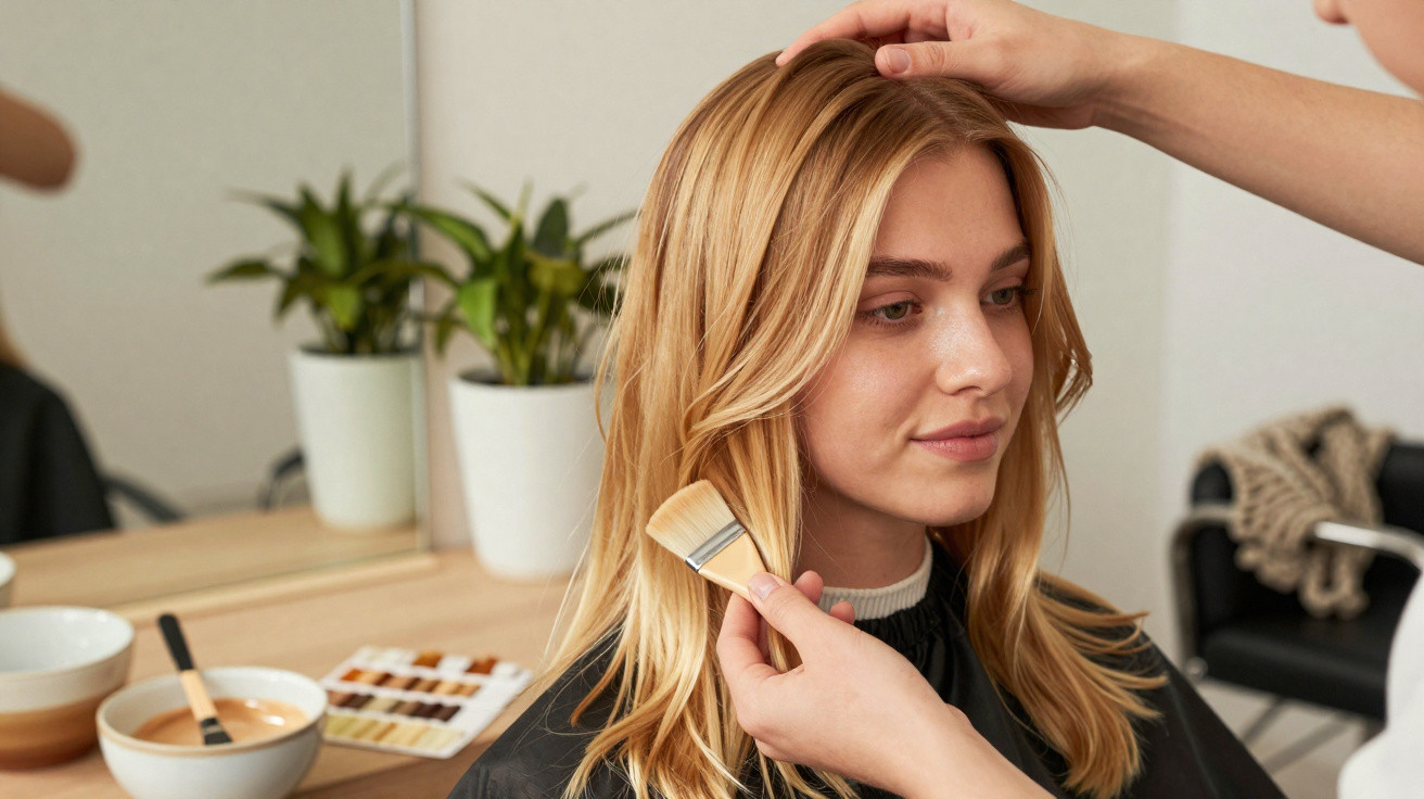 Mulher loira sentada num cabeleireiro a receber tratamento de coloração de cabelo.