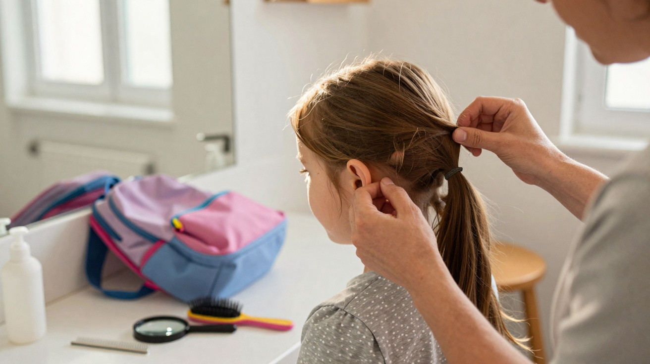 Adulto a verificar ou pentear o cabelo de criança numa casa de banho com mochila escolar perto.