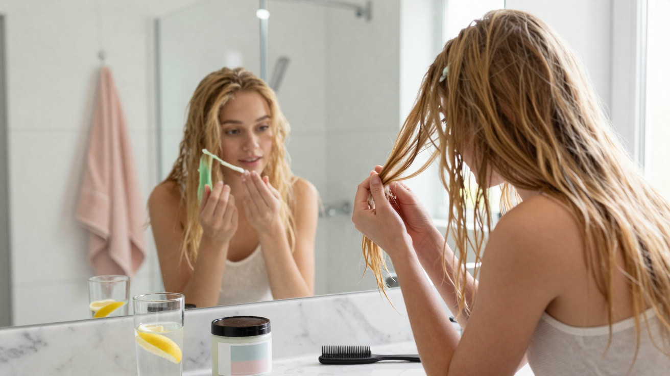 Mulher loira a cuidar do cabelo molhado numa casa de banho com espelho e produtos de beleza no balcão.