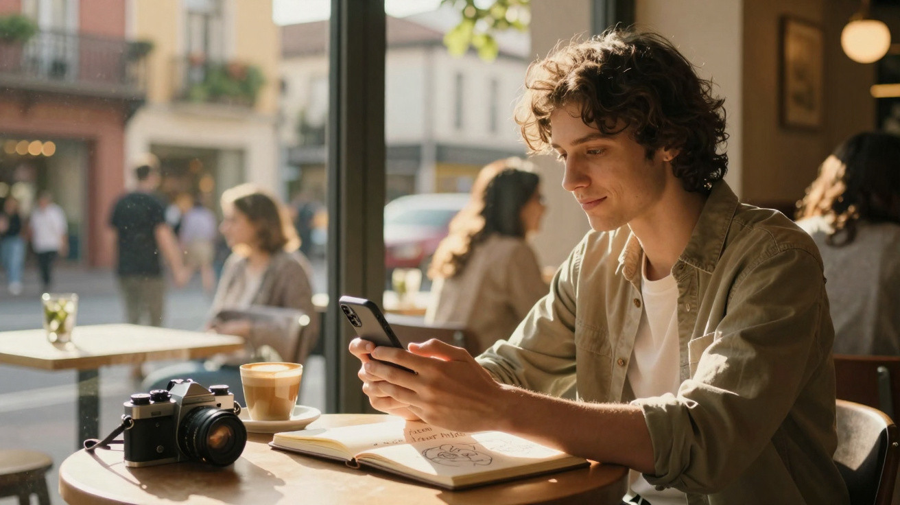 Jovem sentado numa cafeteria com câmara, caderno e café, a usar um telemóvel numa manhã ensolarada.
