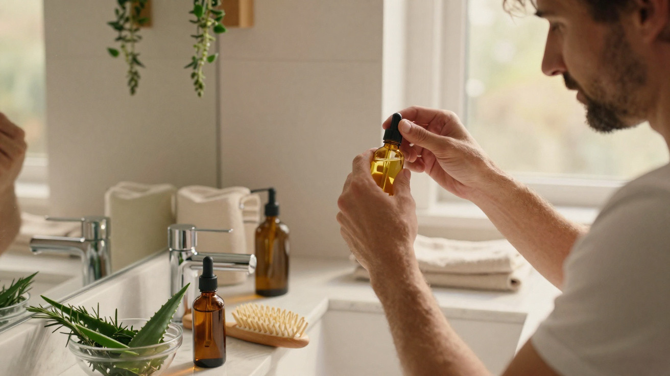 Homem segurando frasco de óleo para barba numa casa de banho moderna com plantas e acessórios.
