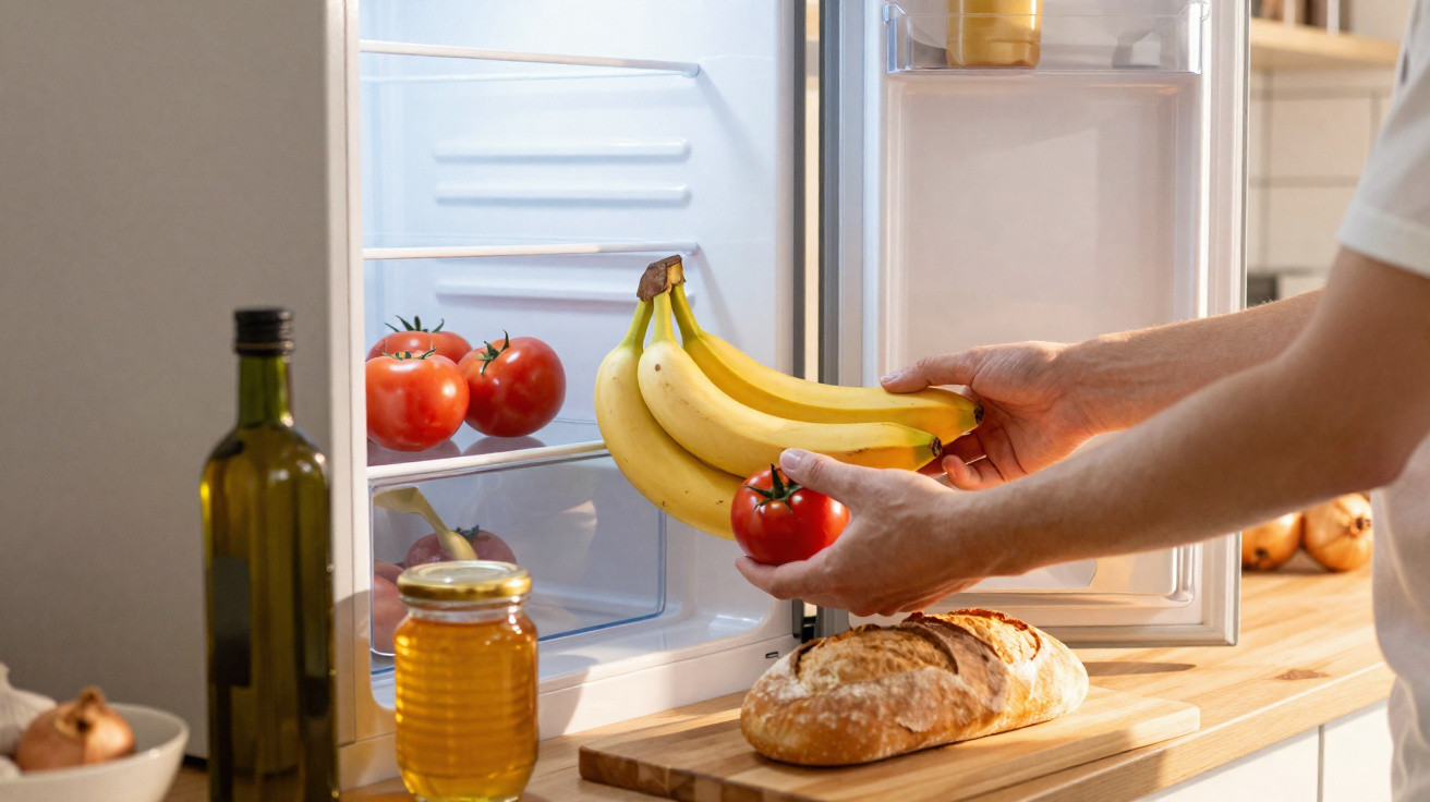 Mãos a colocar bananas e um tomate frigorífico aberto numa cozinha com pão e azeite na bancada.