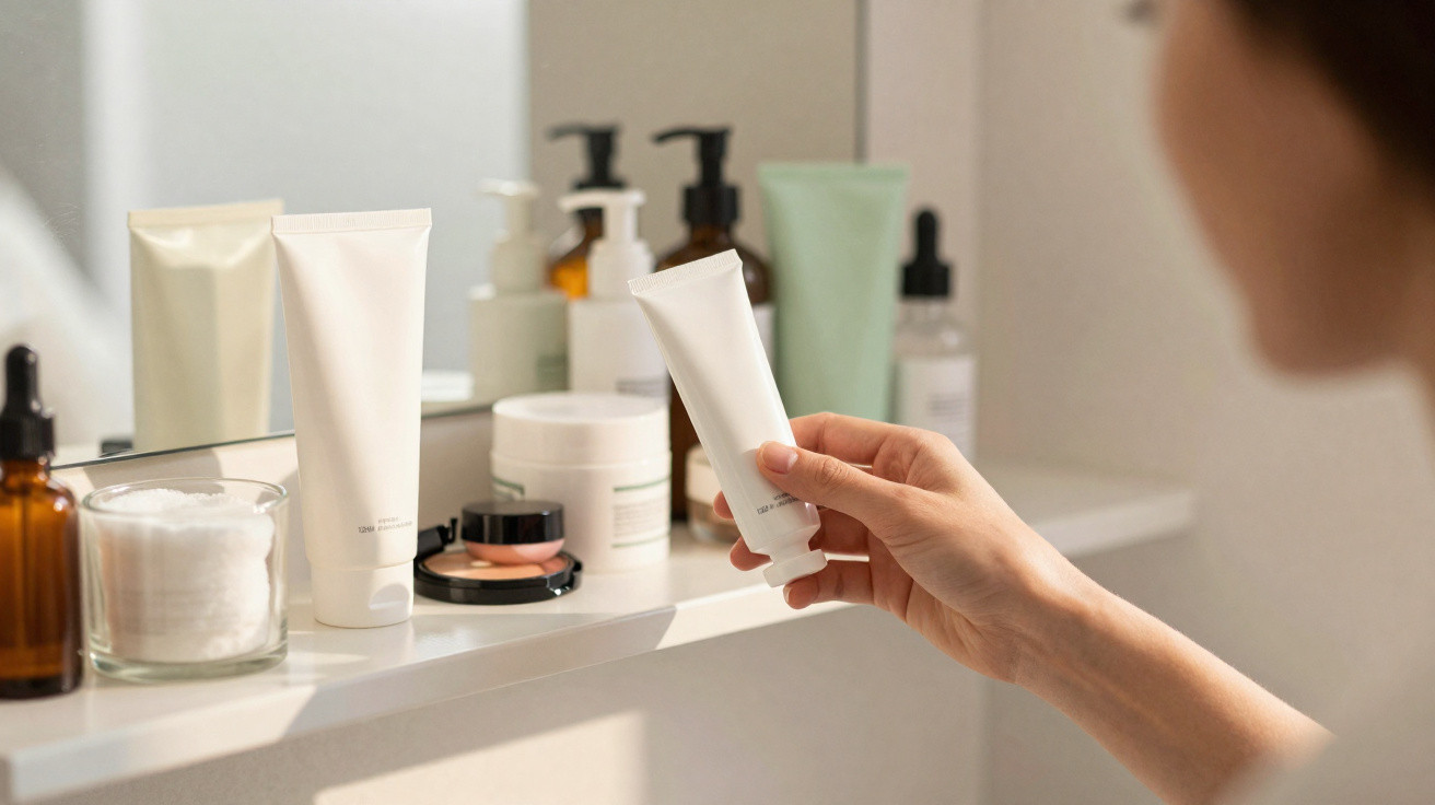 Pessoa a segurar tubo branco de creme numa prateleira com produtos de beleza e espelho.