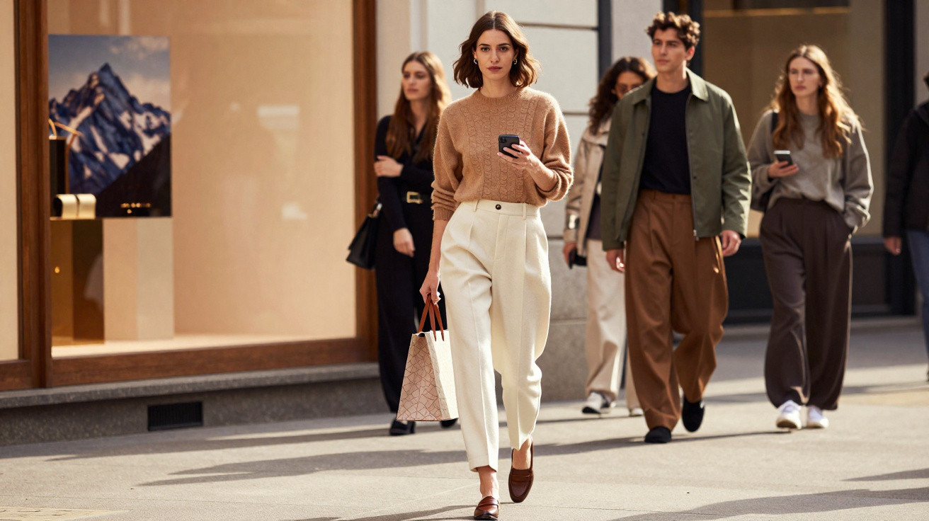 Mulher elegante a andar na rua com smartphone e bolsa, seguida por mais quatro pessoas vestidas casualmente.