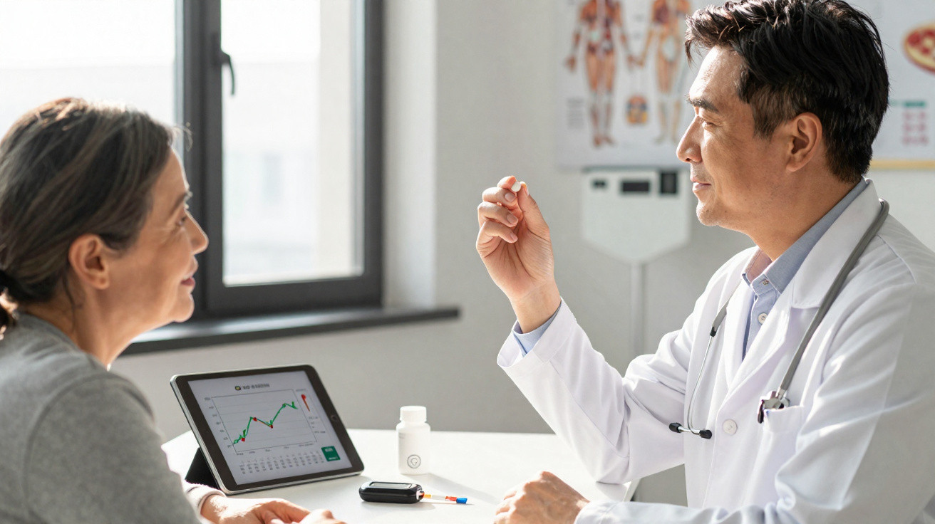 Médico a explicar resultados de monitorização de glicose a paciente num consultório com gráfico num tablet.