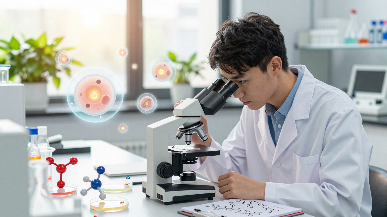 Cientista em laboratório observa através de microscópio com modelos de moléculas e átomos ao redor.