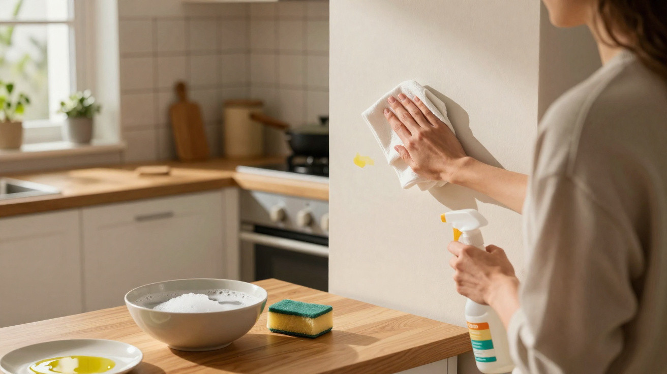 Pessoa a limpar uma parede da cozinha com um pano e spray de limpeza, ao lado de uma esponja e uma tigela com água e sabão.