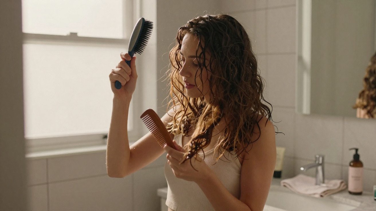 Mulher com cabelo molhado a pentear-se com uma escova e um pente numa casa de banho iluminada.