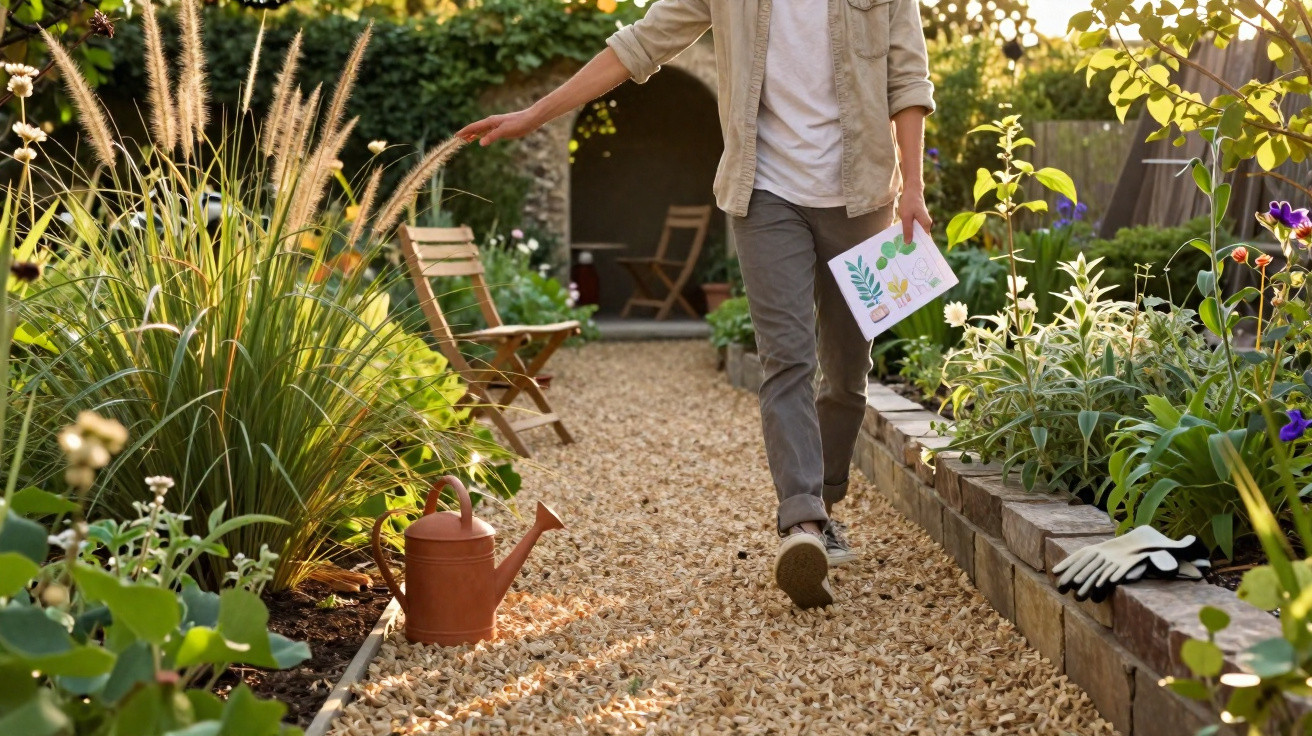Pessoa a caminhar num jardim com plantas, regador e luvas de jardinagem ao lado.