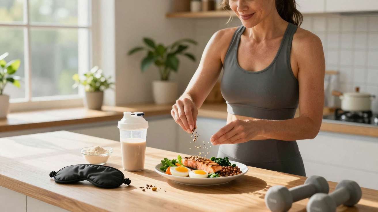 Mulher a temperar prato saudável com salmão, ovos e legumes numa cozinha moderna e luminosa.
