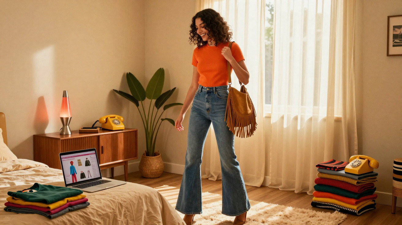 Mulher sorridente com blusa laranja e jeans numa sala iluminada, segurando uma mala castanha com franjas.